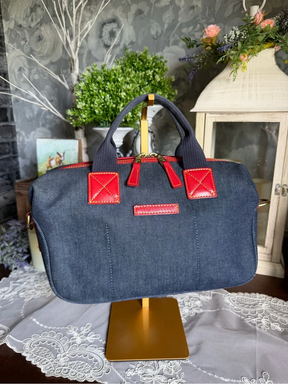 Y2K Dooney & Bourke Navy Denim Red Leather Trim Top Handle Satchel Bag Purse